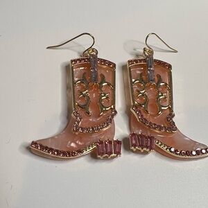 Pink and Gold Western Boot Earrings with pink Rhinestones